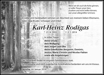 Traueranzeige von Karl-Heinz Rodigas von Südthüringer Presse
