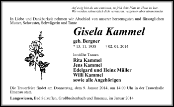 Traueranzeige von Gisela Kammel von Südthüringer Presse