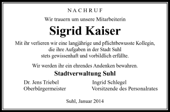 Traueranzeige von Sigrid Kaiser von Südthüringer Presse