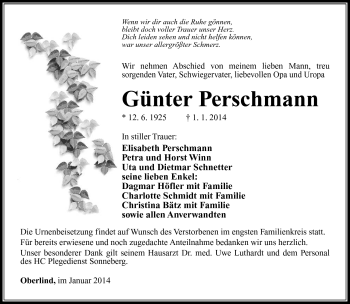 Traueranzeige von Günter Perschmann von Südthüringer Presse