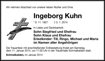 Traueranzeige von Ingeborg Kuhn von Südthüringer Presse