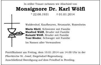 Traueranzeige von Karl Wölfl von Frankenpost