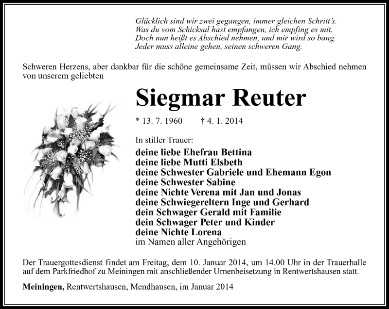  Traueranzeige für Siegmar Reuter vom 07.01.2014 aus Südthüringer Presse