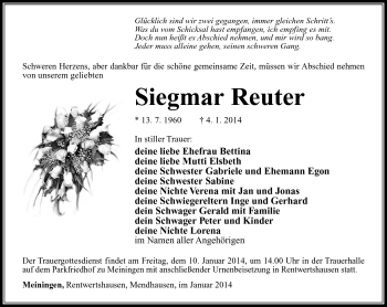 Traueranzeige von Siegmar Reuter von Südthüringer Presse