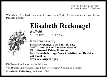 Traueranzeige von Elisabeth Recknagel von Südthüringer Presse