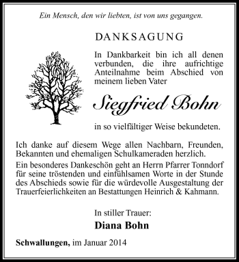 Traueranzeige von Siegfried Bohn von Südthüringer Presse