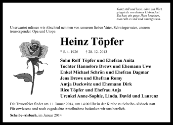 Traueranzeige von Heinz Töpfer von Südthüringer Presse