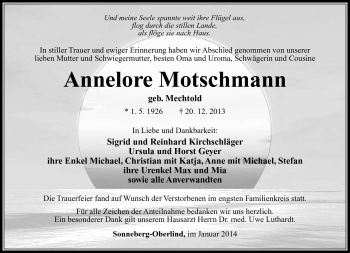 Traueranzeige von Annelore Motschmann von Südthüringer Presse