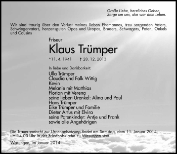 Traueranzeige von Klaus Trümper von Südthüringer Presse
