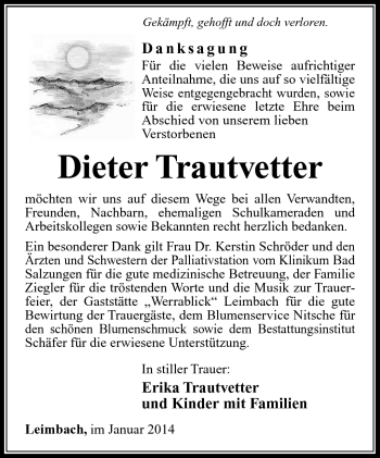 Traueranzeige von Dieter Trautvetter von Südthüringer Presse