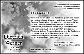 Traueranzeige von Dietrich WErner von Südthüringer Presse