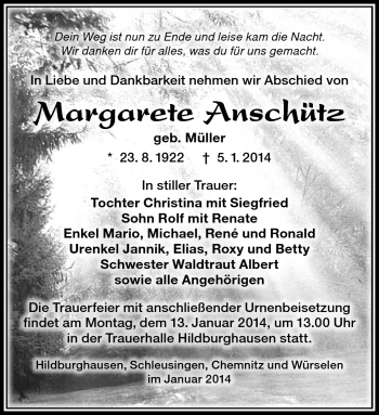 Traueranzeige von Margarete Anschütz von Südthüringer Presse