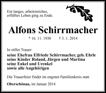 Traueranzeige von Alfons Schirrmacher von Südthüringer Presse