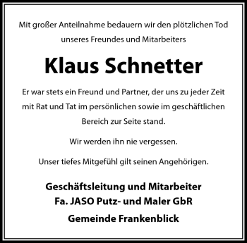 Traueranzeige von Klaus Schnetter von Südthüringer Presse