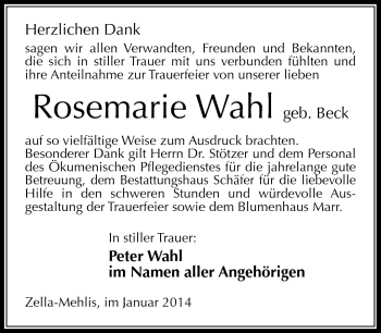 Traueranzeige von Rosemarie Wahl von Südthüringer Presse