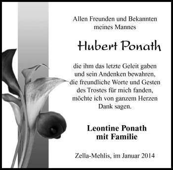 Traueranzeige von Hubert Ponath von Südthüringer Presse
