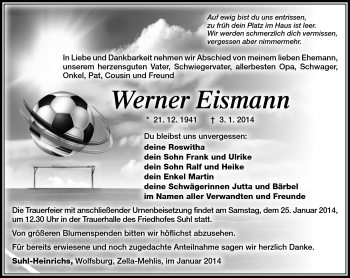 Traueranzeige von Werner Eismann von Südthüringer Presse