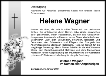 Traueranzeige von Helene Wagner von Südthüringer Presse