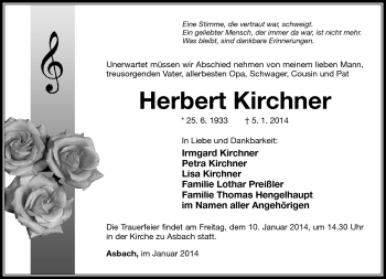 Traueranzeige von Herbert Kirchner von Südthüringer Presse
