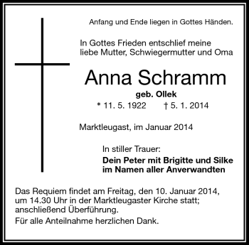 Traueranzeige von Anna Schramm von Frankenpost