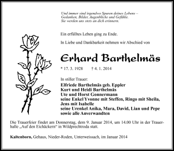 Traueranzeige von Erhard Barthelmäs von Südthüringer Presse