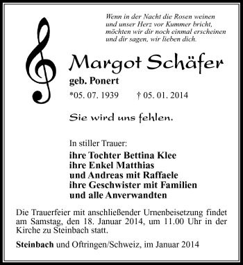 Traueranzeige von Margot Schäfer von Südthüringer Presse