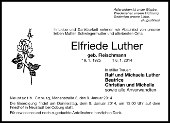 Traueranzeige von Elfriede Luther von Neue Presse Coburg