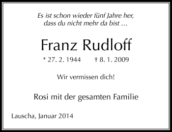 Traueranzeige von Franz Rudloff von Südthüringer Presse