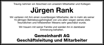 Traueranzeige von Jürgen Rank von Frankenpost