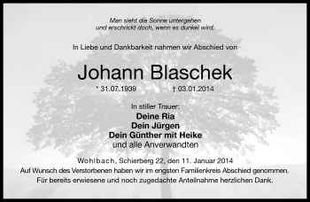 Traueranzeige von Johann Blaschek von Neue Presse Coburg