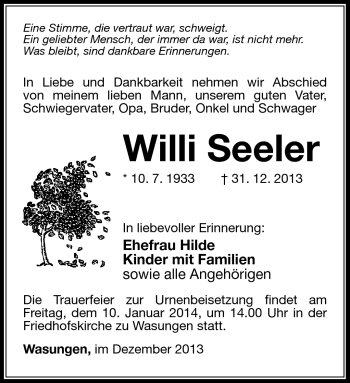 Traueranzeige von Willi Seeler von Südthüringer Presse