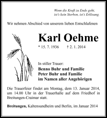Traueranzeige von Karl Oehme von Südthüringer Presse