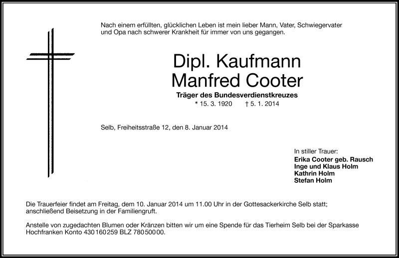 Traueranzeige für Manfred Cooter vom 08.01.2014 aus Frankenpost