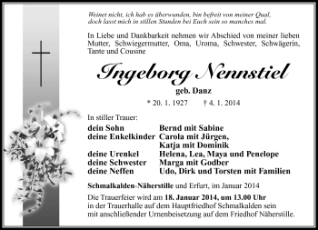 Traueranzeige von Ingeborg Nennstiel von Südthüringer Presse