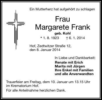 Traueranzeige von Margarete Frank von Frankenpost
