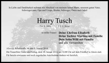 Traueranzeige von Harry Tusch von Neue Presse Coburg