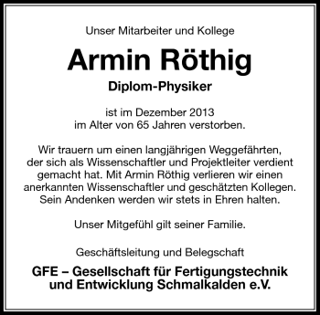 Traueranzeige von Armin Röthig von Südthüringer Presse