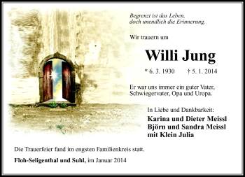 Traueranzeige von Willi Jung von Südthüringer Presse