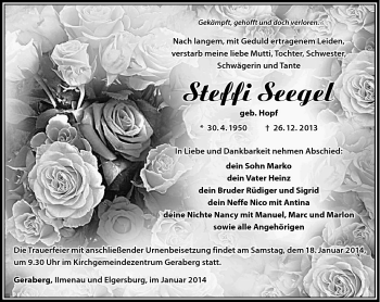 Traueranzeige von Steffi Seegel von Südthüringer Presse