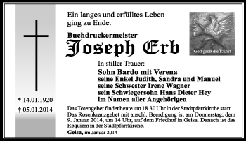 Traueranzeige von Joseph Erb von Südthüringer Presse