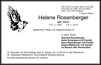 Traueranzeige von Helene Rosenberger von Frankenpost