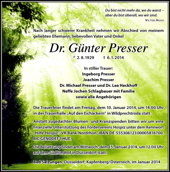 Traueranzeige von Günter Presser von Südthüringer Presse