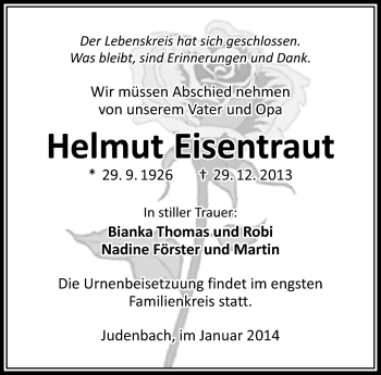 Traueranzeige von Helmut Eisentraut von Südthüringer Presse