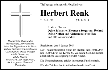 Traueranzeige von Herbert Renk von Neue Presse Coburg