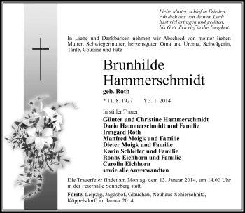 Traueranzeige von Brunhilde Hammerschmidt von Südthüringer Presse