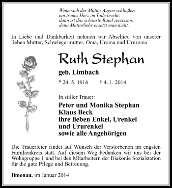 Traueranzeige von Ruth Stephan von Südthüringer Presse