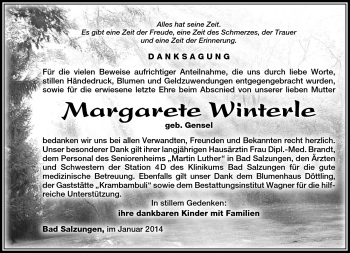 Traueranzeige von Margarete Winterle von Südthüringer Presse