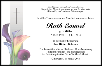 Traueranzeige von Ruth Emmel von Südthüringer Presse