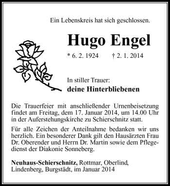 Traueranzeige von Hugo Engel von Südthüringer Presse