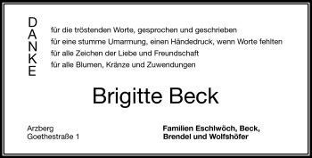 Traueranzeige von Brigitte Beck von Frankenpost